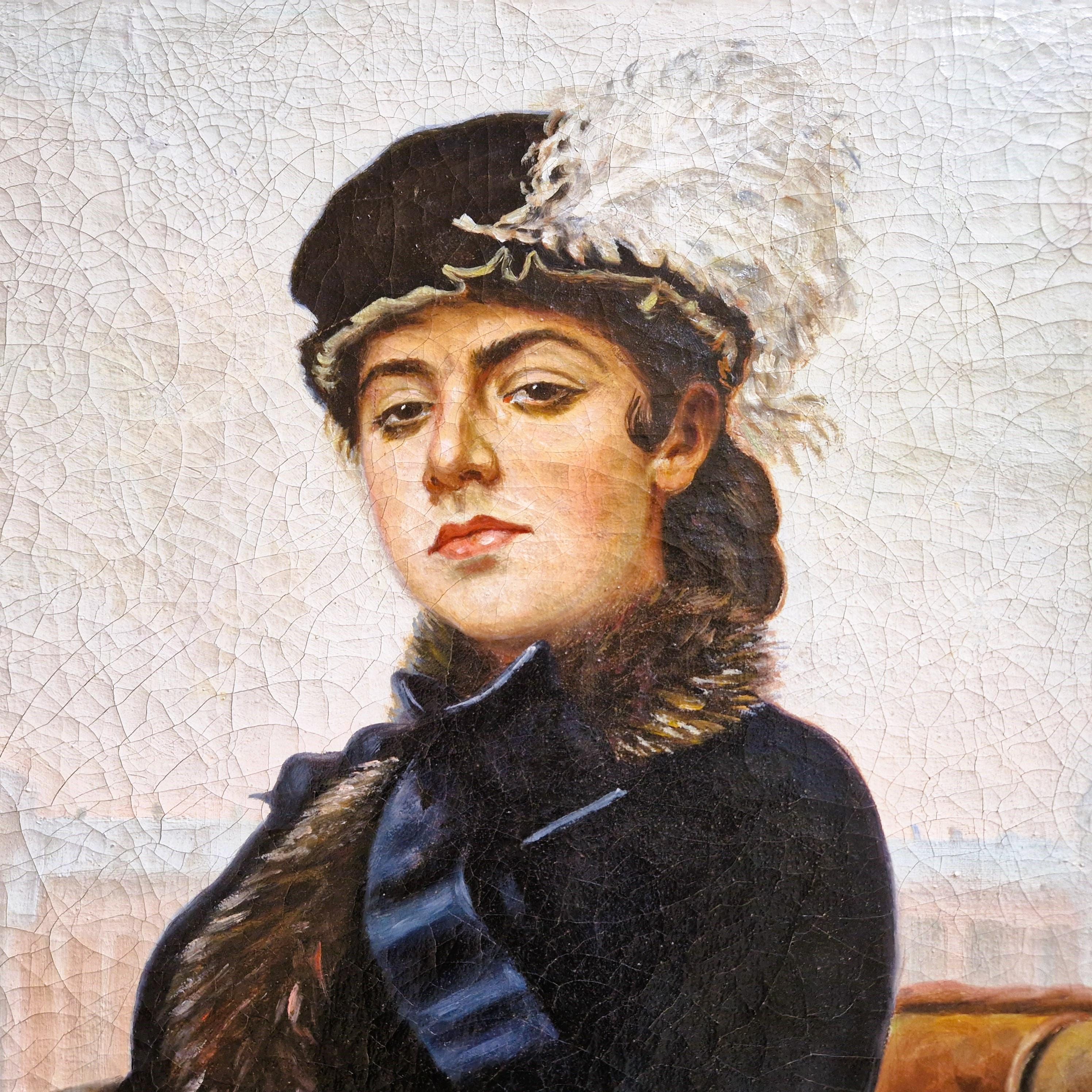 Vintage Oil Portrait of Elegant Woman in Carriage, Large 1970s Canvas ...