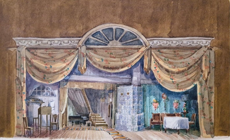 Acuarela original de diseño escénico teatral – Obra de arte de escenografía vintage, arte para teatro de ópera, arte mural dramático, interior maximalista imagen 11