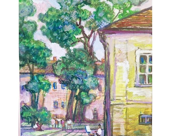 Original Vintage Gouache Painting Courtyard Scene, Sunlit European Town Landscape, Collectible Wall Art 1980