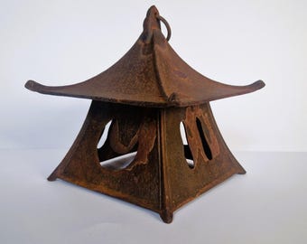 Antique Cast Iron Pagoda Lantern: Japanese Zen Garden Decor, Hanging Lamp, Japan Asian Art