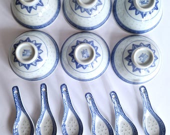 ヴィンテージ景徳鎮米粒磁器ボウル：菊花模様、8個セット - Etsy 日本