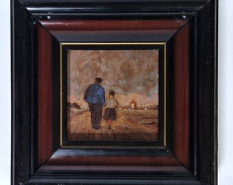 Original Belgium Impressionist Moody Landscape Oil Small Painting by Artist Cockx, Miniature Framed painting Mini painting with Dad Doughter