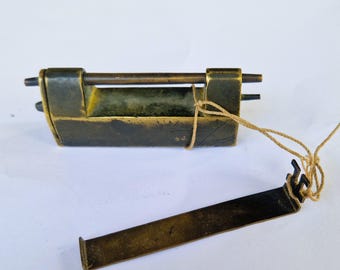 Antique Chinese Puzzle Padlock Brass, Secret Mechanism Lock with Key, Vintage Hidden Keyhole Lock Collectible, Rare Asian Lock Cabinet Lock