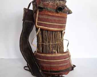 Antique Yoruba Talking Drum: African Tribal Art with Leather Strap
