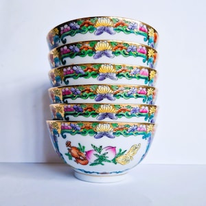 6x CHINESE ROSE MEDALLION Porcelain Bowls, Vintage Canton Export Hand Painted Pink Gold Green Decorated Chinoiserie Bow, Gold Rim