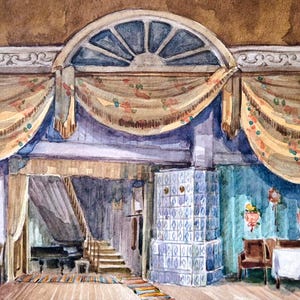 Acuarela original de diseño escénico teatral – Obra de arte de escenografía vintage, arte para teatro de ópera, arte mural dramático, interior maximalista imagen 1