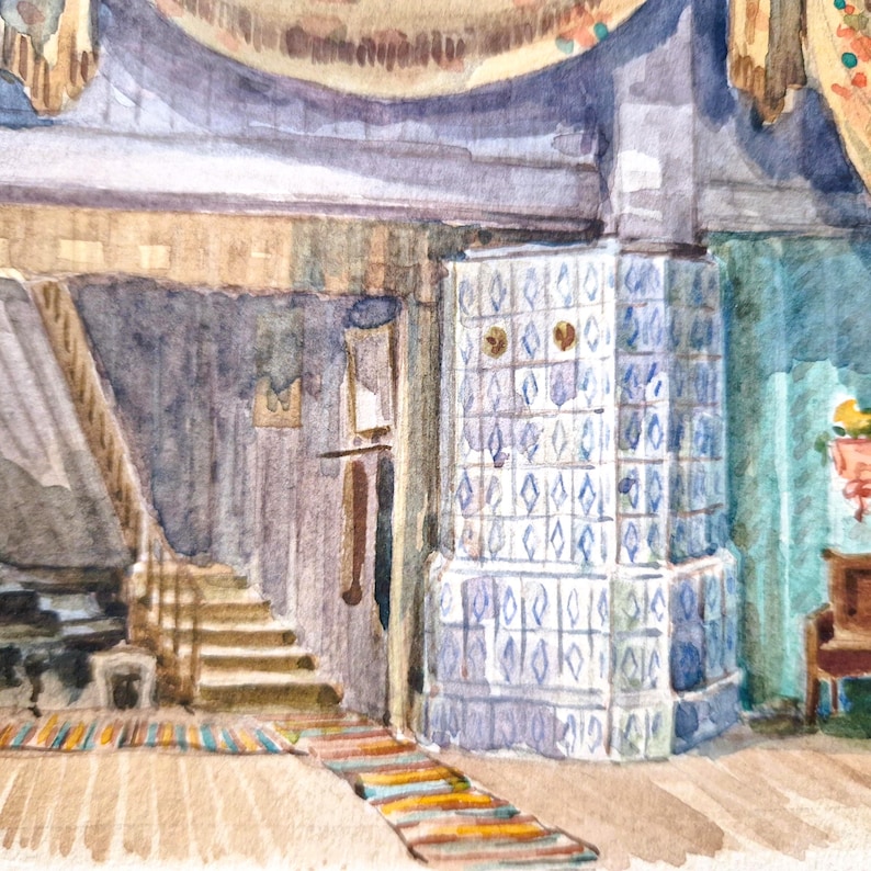 Acuarela original de diseño escénico teatral – Obra de arte de escenografía vintage, arte para teatro de ópera, arte mural dramático, interior maximalista imagen 5