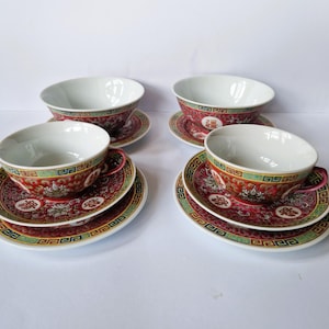 Vintage Chinese Set of Pink Mun Shou Porcelain, Chinese Longevity Porcelain Pink Rose Bowls Plates Cups Saucers, Asian Chinoiserie Porcelain