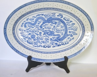 Plato de servir de porcelana china azul y blanca: Ojo de dragón, 40 cm (16"), vintage, Jingdezhen