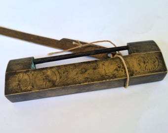 Antique Chinese Brass Padlock with Hidden Key Mechanism, Engraved Vintage Cabinet Lock, Secret Lock Collectible, Traditional Hardware