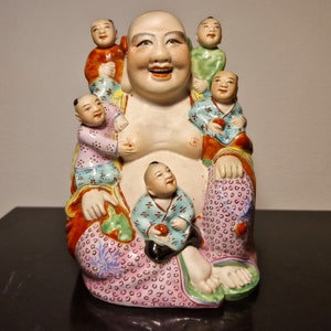 Vintage Famille Rose Porcelain Buddha Statue: Five Children, Chinoiserie Decor