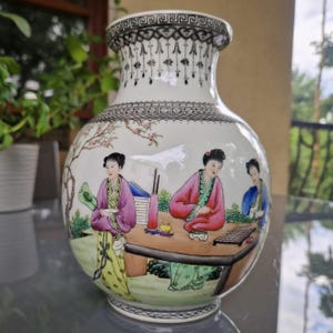 Famille Rose Porcelain Vase: Hand-Painted Chinese Garden Scene, 1950s-60s