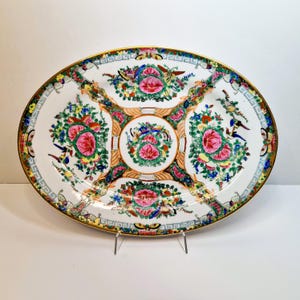 CHINESE ROSE MEDALLION Porcelain Oval Dish 14.2&quot; Vintage Canton Bowl Hand Painted Pink Gold Green Kanton Chinoiserie Decor, Export Porcelain