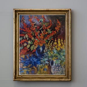 Vintage Floral Oil Painting: Swedish Impressionist Still Life, 1970s