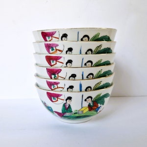 Chinesische Porzellanschalen 6-tlg, Vintage chinesische Damenschale, Reisschale, Nudelschale, Suppenschale, Marked Famille Rose Geschirr Made in China