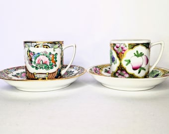 Vintage Rose Medallion Chinese Porcelain Cup & Saucer Set: Hand-Painted Canton Famille Rose Duo