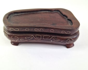 Vintage Chinese Wood Carving Display Stand: Silver Wire Inlay, Early 20th Century, Chinoiserie Wooden Decor