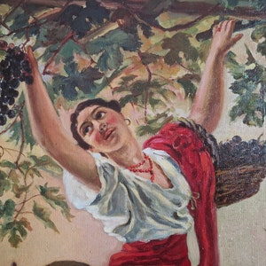 Vintage oil painting on canvas, Italian girl portrait, Large living room wall art, Gathering Grapes - Girl vintage portrait