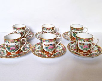 Vintage Rose Medallion Chinese Porcelain Tea Set: Handpainted Canton Famille Rose, 6 Coffee Espresso Cups & Saucers