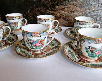 Vintage Rose Medallion Chinese Porcelain Cup & Saucer Set for 6: Hand-Painted Famille Rose Decor, Chinoiserie Decor