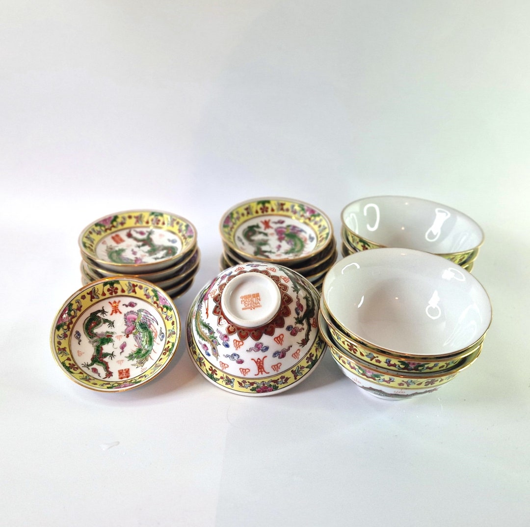 Elegant Handpainted Porcelain Bowls and Plates 18 Pcs, Chinese Dragon