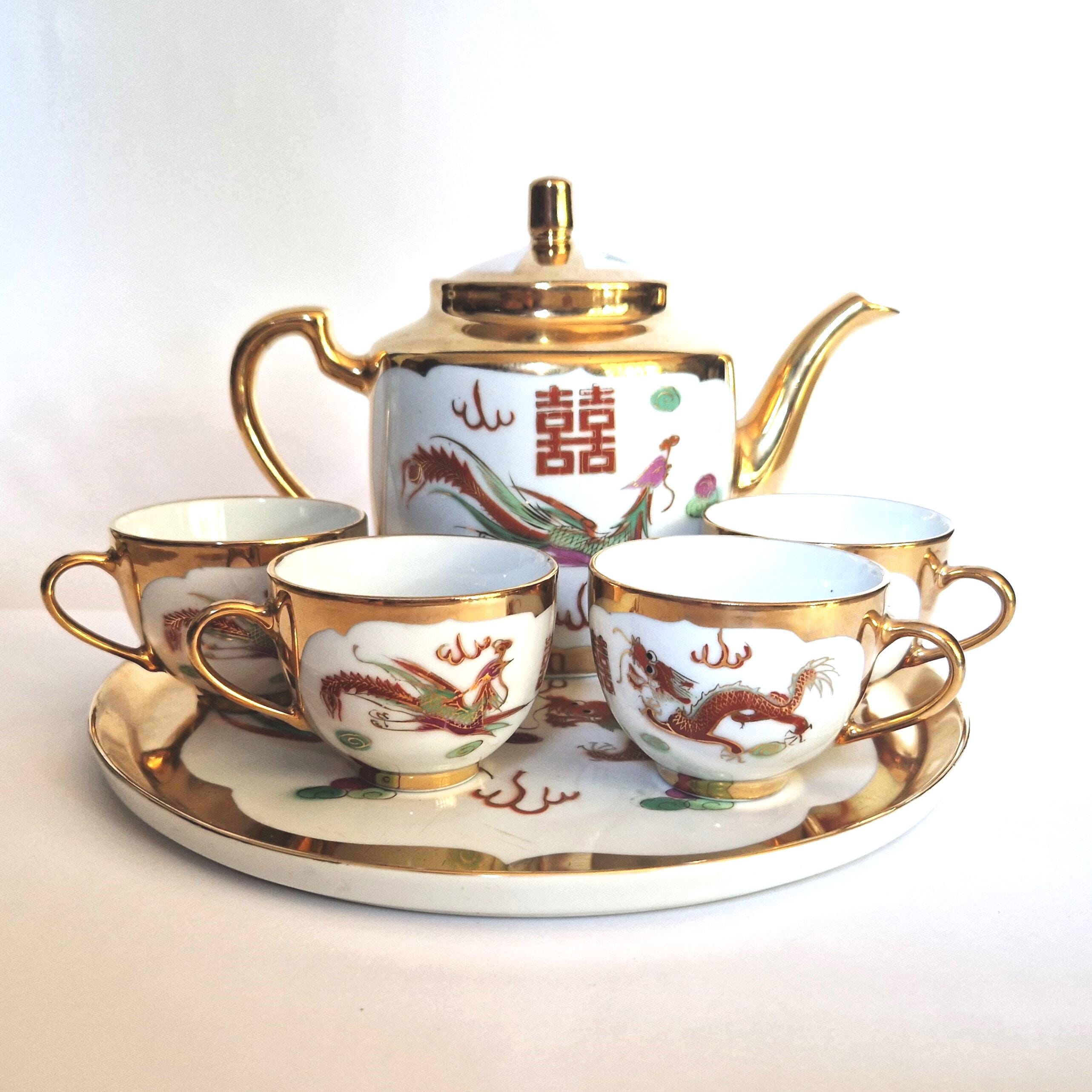 Vintage 22K Gold Dragon & Phoenix Chinese Porcelain Tea Set