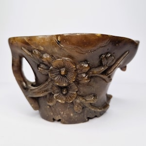 Chinese Antique Soapstone Cup, Lotus Shaped Libation Cup, Vintage Chinese Carved Stone, Asian Decor, Chinoiserie Unique Carved Soapstone