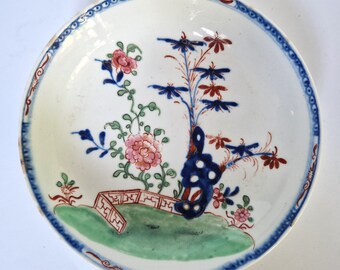 2x Collectible English Porcelain Lowestoft Set of 2 Antique Hand Painted Plates, Chinoiserie Redgrave Blue Bomb Pattern Rare Antique Saucers