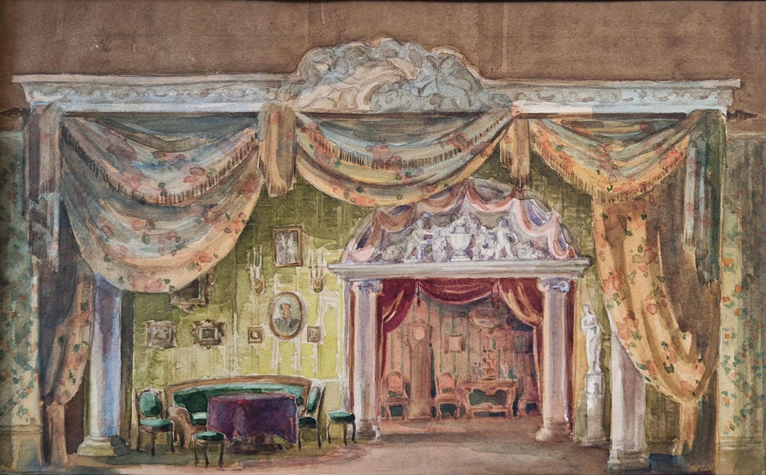 Antique Painting With Interior Theater Stage Design, Original ...
