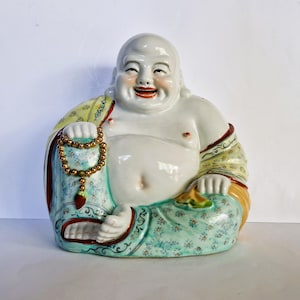 Large Vintage Famille Rose Porcelain Laughing Buddha Statue - Chinoiserie Decor