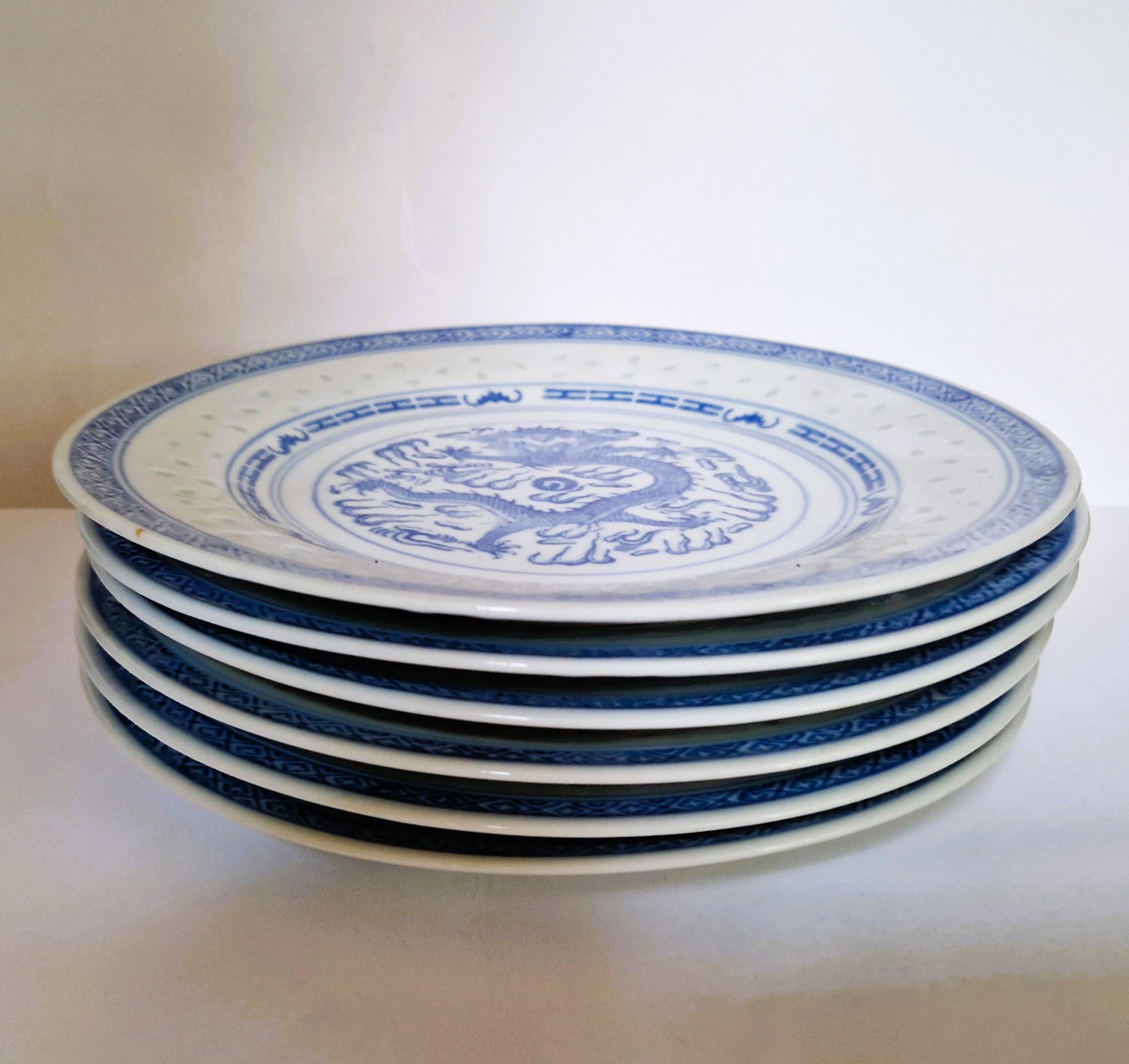 ヴィンテージ中国製 米粒磁器皿 10.2インチ : ドラゴンモチーフ 6枚