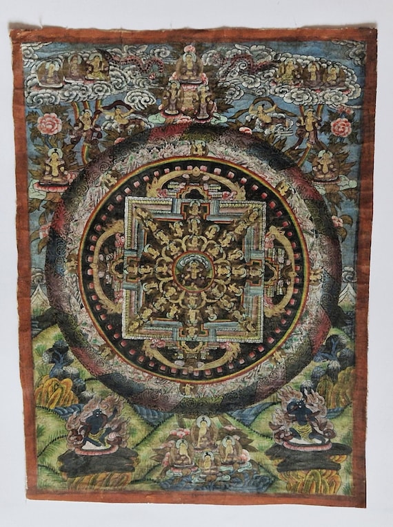 Vintage Hand-Painted Mandala Thangka: Tibetan Buddhist Art on Cotton Canvas, Buddha Himalayan Art