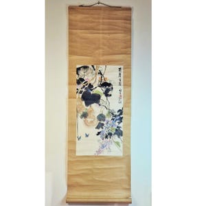 Chinese Antique Scroll Painting, Vintage Watercolor Chinese Wall Art, Asian Wall Decor, Chinoiserie, Butterfly Flowers Chinese Wall Panel