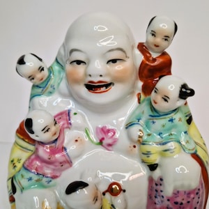 Famille Rose Porcelain Buddha Statue: Five Children, Hand-Painted Chinoiserie