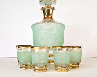 Vintage Whiskey Decanter Green Glass, Old Fashioned Barware, Bourbon Glasses Shot Glasses, Decanter with Stopper, Liquor Scotch Glasses Gift