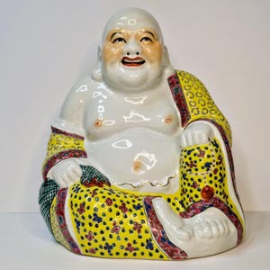 Vintage Famille Rose Porcelain Laughing Buddha Statue - Chinoiserie Decor (10&quot;)