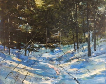 Vintage original oil painting, Winter morning in the forest, Snow scene Vintage wall art, Forest landscape painting, Oil on canvas Home gift