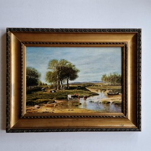 Antique Cows Oil Painting Gold Ornate Frame, Antique Oil River Landscape, Original Framed Romantic Painting, Meadow Iddyllic Wall Art