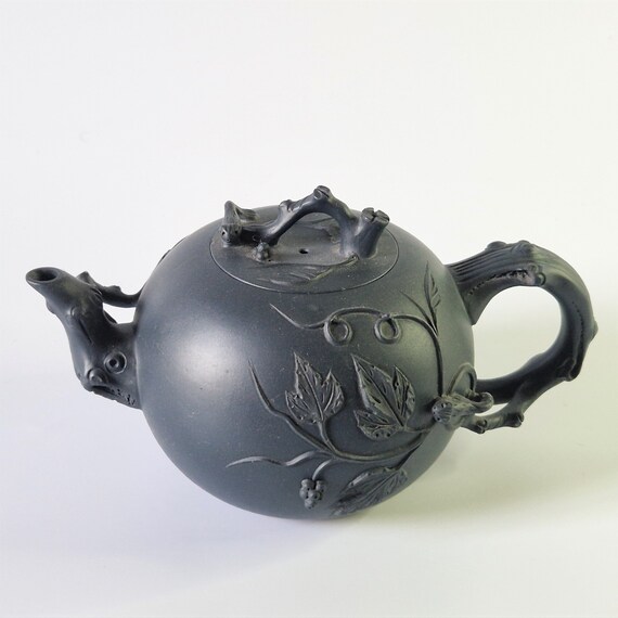 Rare Yixing Clay Teapot: Squirrel & Grapes, Signed Handmade Chinese Tea pot, Purple Clay Tea Ware