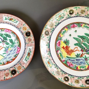 Vintage Porcelain Chinese Plates: Foo Dog, Bird & Flowers Chinoiserie Art,  Handmade Ceramic Plate