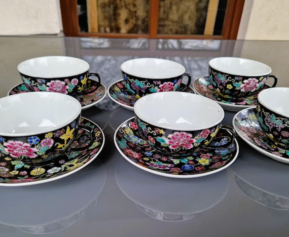 Famille Noir Vintage Chinese Porcelain Tea Set, Milleflleur Thousand Flowers Tea Cups and Saucers for 6 pers, Decorative Black Hand Painted