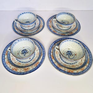 Chinese Rice Grain Porcelain Tea Set for 4 person: Tienshan Chrysanthemum Decor, Vintage Tea Cups and Plates