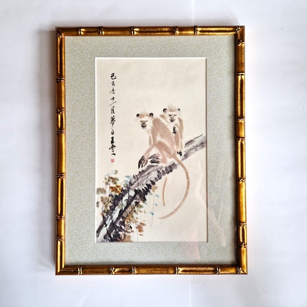 Wang Mengbai "Two Monkeys in the Mangrove" Chinese Painting artwork 王梦白 Gold bamboo frame, Vintage chinese print framed 1957, Chinese art