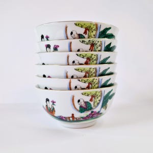 Chinesische Porzellanschalen 6 Stück Vintage chinesische Famille Rose Teller, Reisnudelsuppe Schüssel Made in China Geschirr mit Kalligraphie Zeichen markiert