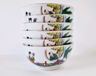 Vintage Famille Rose Porcelain Bowls: Chinese Rice Noodle Soup Bowls, Set of 6 Asian Bowl