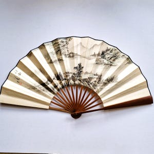 Chinese Calligraphy Painting Landscape Fan, Ink Mountains and Rivers Shan Shui 山水 Vintage Chinese Fan, Chinoiserie Decor, Chinese Scroll Art