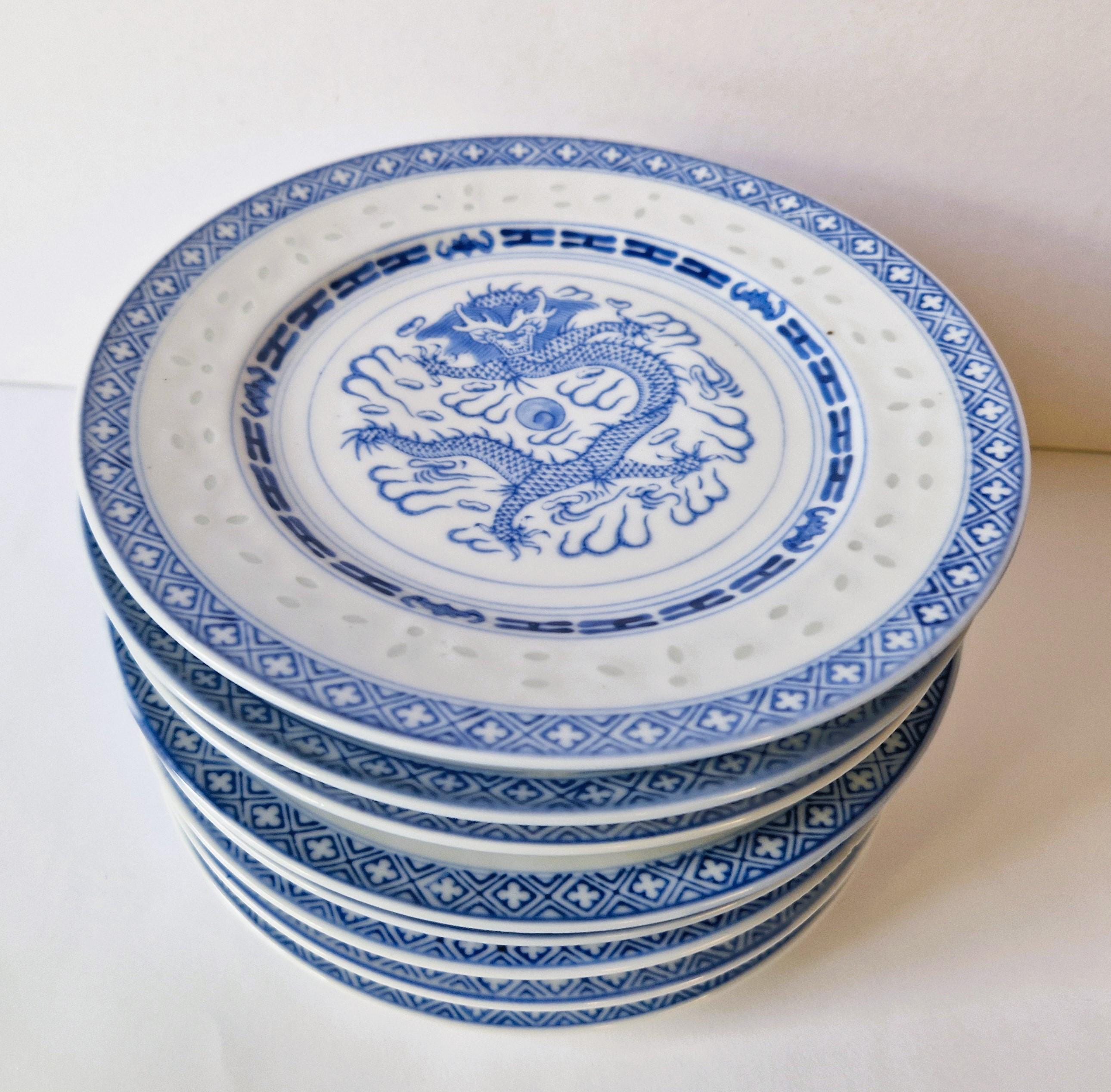 Vintage Chinese Rice Grain Porcelain Plate: Blue Dragon Motif, Set