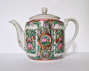 Famille Rose Tea Pot, Vintage Chinese Porcelain Teapot, Rose Medallion Canton Pink & Gold Porcelain, Chinoiserie Table Decor