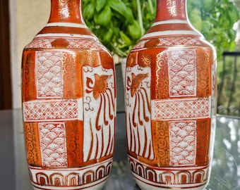 Antique Japanese Kutani Vases Pair – Meiji Period Porcelain – Red Gold Kutani Decor – Oriental Maximalist Decor – 16 cm