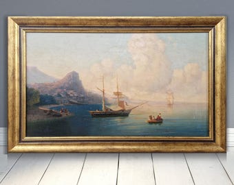 ANTIQUE OIL PAINTING Maritime Oil Painting, Antique Nautical Oil Painting, Antique Seascape Ship Painting, Ornate Gold Frame, Sailing Ships